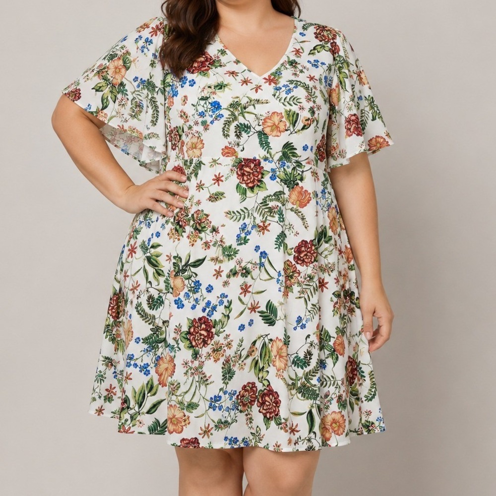 Tash+Sophie 18W White Floral Dress Flutter Sleeve Plus Size Boho Spring